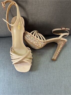 Mix No. 6 Nude Strappy Heels with Multicolor Glitter Heel